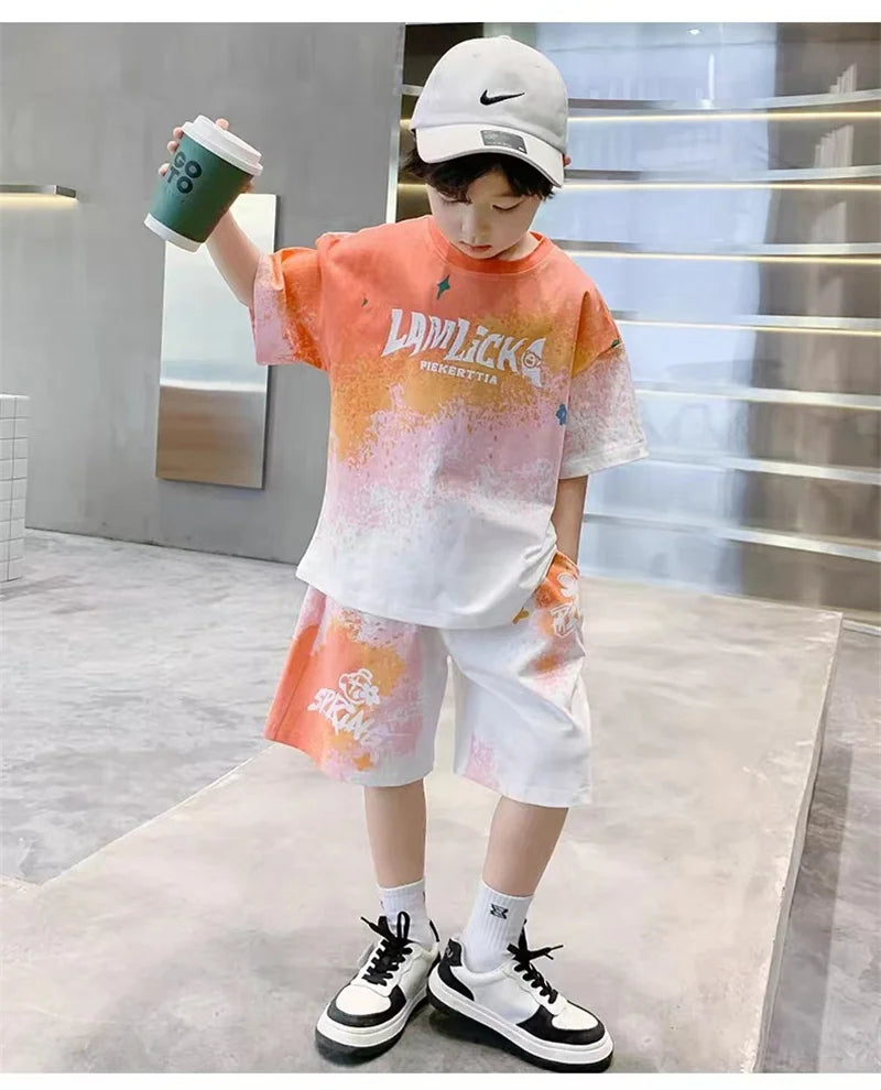 Boys Summer Casual Set – Gradient T-Shirt & Shorts 2Pcs Outfit for Teens & Kids