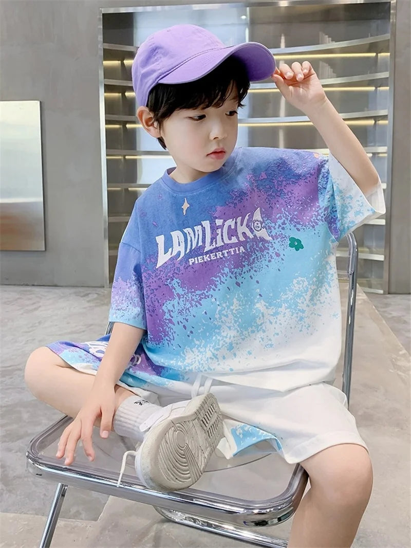 Boys Summer Casual Set – Gradient T-Shirt & Shorts 2Pcs Outfit for Teens & Kids