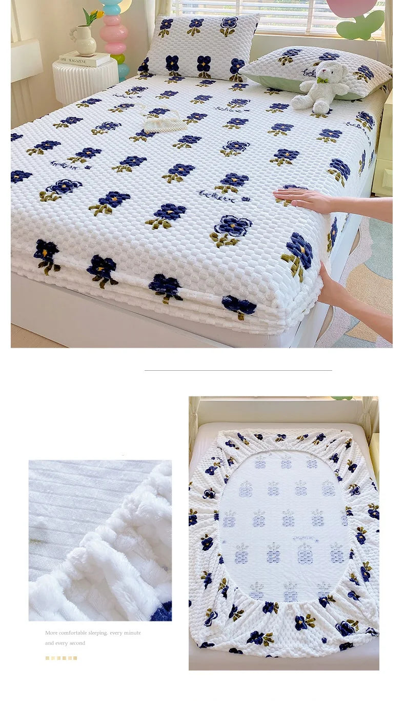 Warm Fitted Sheet Soft Velvet Bed Cover – Double Bedsheet Winter Mattress Protector Bed Linen (Pillowcase Sold Separately)