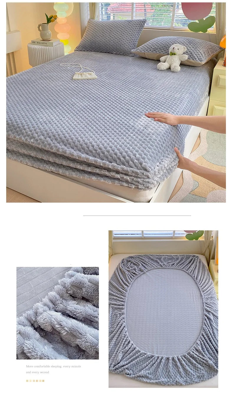 Warm Fitted Sheet Soft Velvet Bed Cover – Double Bedsheet Winter Mattress Protector Bed Linen (Pillowcase Sold Separately)