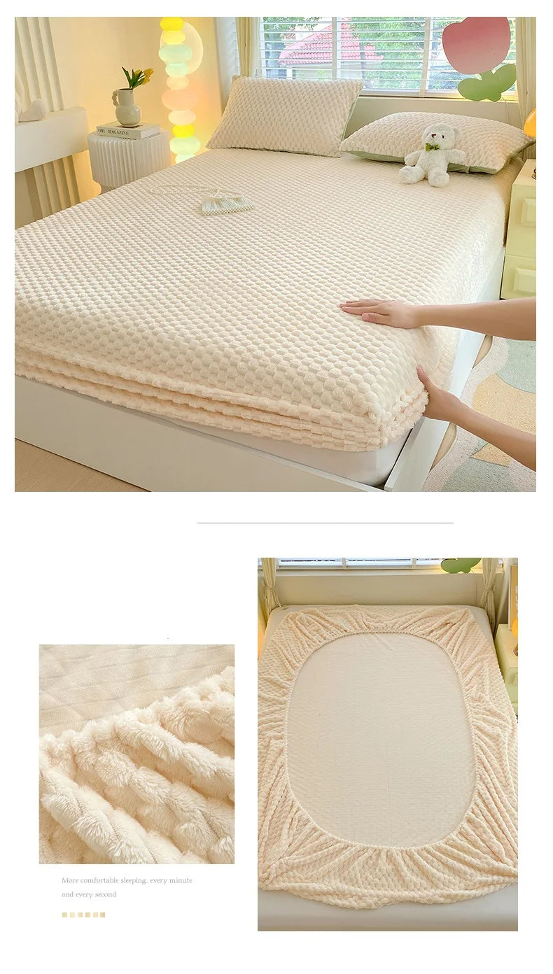 Warm Fitted Sheet Soft Velvet Bed Cover – Double Bedsheet Winter Mattress Protector Bed Linen (Pillowcase Sold Separately)