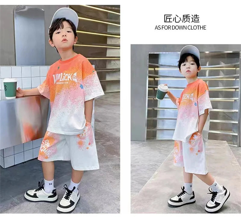 Boys Summer Casual Set – Gradient T-Shirt & Shorts 2Pcs Outfit for Teens & Kids