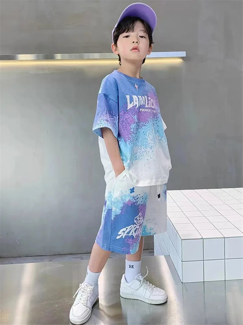 Boys Summer Casual Set – Gradient T-Shirt & Shorts 2Pcs Outfit for Teens & Kids