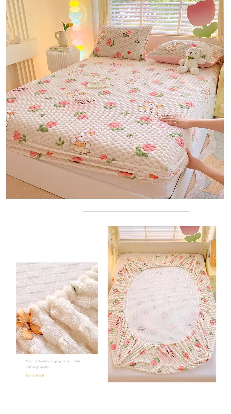 Warm Fitted Sheet Soft Velvet Bed Cover – Double Bedsheet Winter Mattress Protector Bed Linen (Pillowcase Sold Separately)