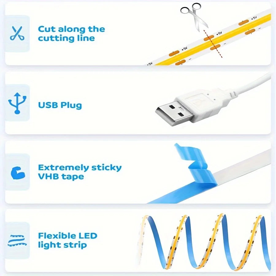 LED COB Light Strip with Touch Dimmer – USB Flexible Indoor Lighting for Room & Decor