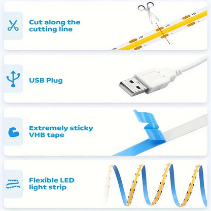 LED COB Light Strip with Touch Dimmer – USB Flexible Indoor Lighting for Room & Decor