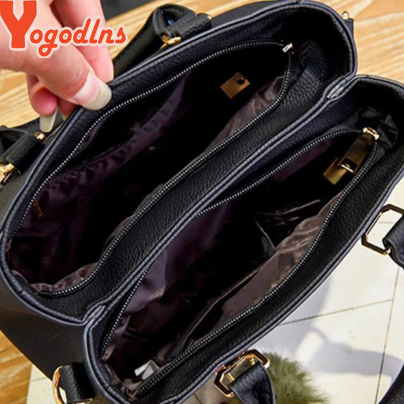 Women’s Beading Pendant Handbag – Embossed Shoulder Bag & Messenger Bag with Hairball Accessory