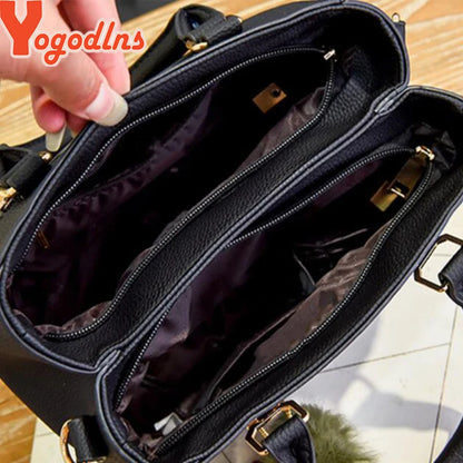 Women’s Beading Pendant Handbag – Embossed Shoulder Bag & Messenger Bag with Hairball Accessory