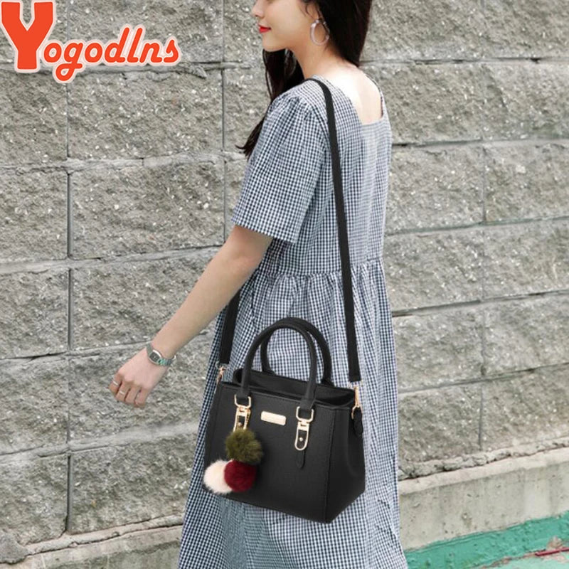 Women’s Beading Pendant Handbag – Embossed Shoulder Bag & Messenger Bag with Hairball Accessory