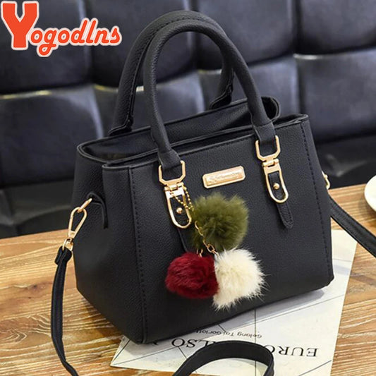 Women’s Beading Pendant Handbag – Embossed Shoulder Bag & Messenger Bag with Hairball Accessory