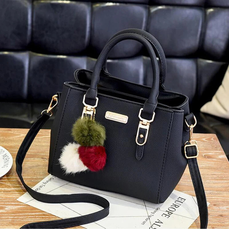 Women’s Beading Pendant Handbag – Embossed Shoulder Bag & Messenger Bag with Hairball Accessory