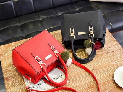 Women’s Beading Pendant Handbag – Embossed Shoulder Bag & Messenger Bag with Hairball Accessory