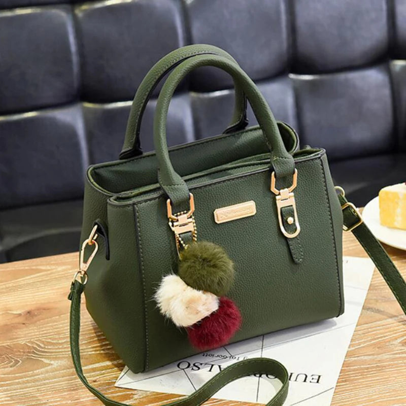 Women’s Beading Pendant Handbag – Embossed Shoulder Bag & Messenger Bag with Hairball Accessory