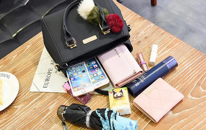 Women’s Beading Pendant Handbag – Embossed Shoulder Bag & Messenger Bag with Hairball Accessory