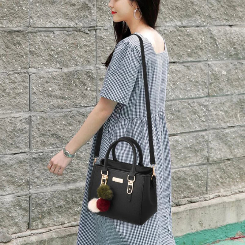 Women’s Beading Pendant Handbag – Embossed Shoulder Bag & Messenger Bag with Hairball Accessory