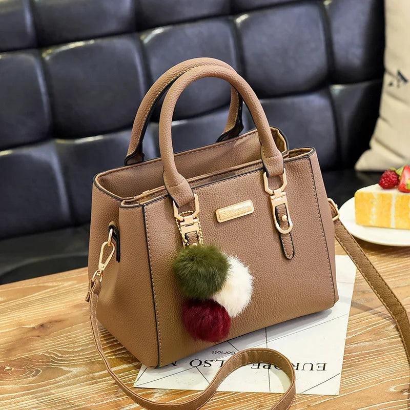 Women’s Beading Pendant Handbag – Embossed Shoulder Bag & Messenger Bag with Hairball Accessory