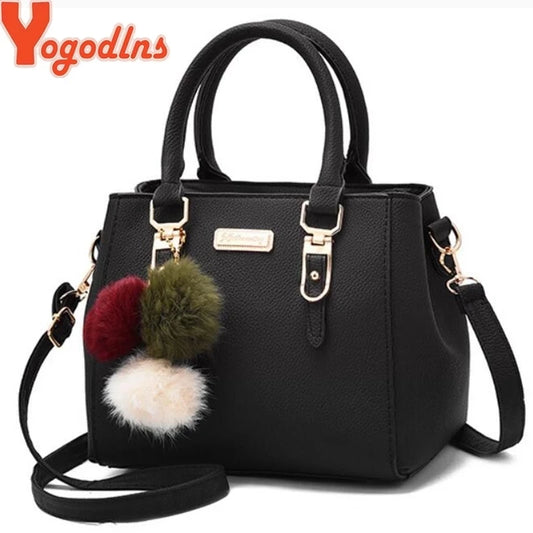 Women’s Beading Pendant Handbag – Embossed Shoulder Bag & Messenger Bag with Hairball Accessory
