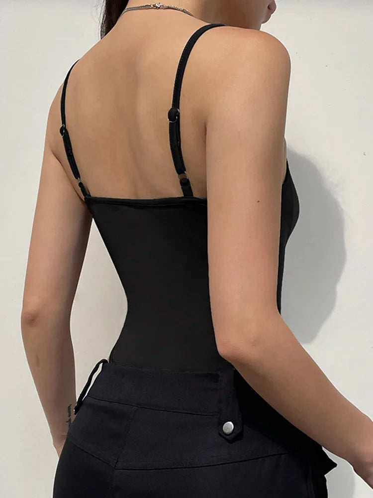 Sweetown Women’s Black Sleeveless Bodysuit – Spaghetti Strap Sexy Vacation Wear