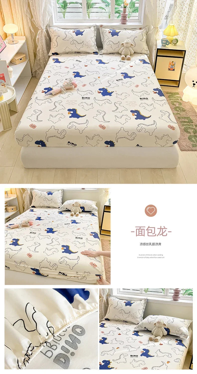 100% Cotton Bed Sheet | Cute Dinosaur Print | Elastic Fitted Mattress Cover | Kids Cartoon Bedding (No Pillowcase)