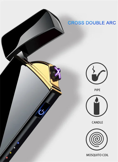 2025 Electric Windproof Metal Lighter Double Arc Flameless Plasma Rechargeable USB Lighter LED Power Display Touch Lighters Gift