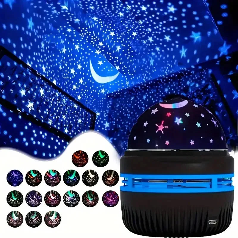 LED Starry Sky Projector – Rotating Night Light with Moon & Stars for Room Decor