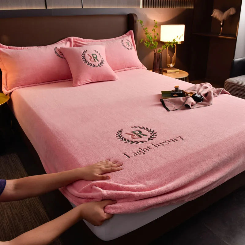 Winter Warm Solid Flannel Fitted Sheet | Elastic Band Mattress Protector | King Size 180x200cm | Milk Velvet Bed Sheet