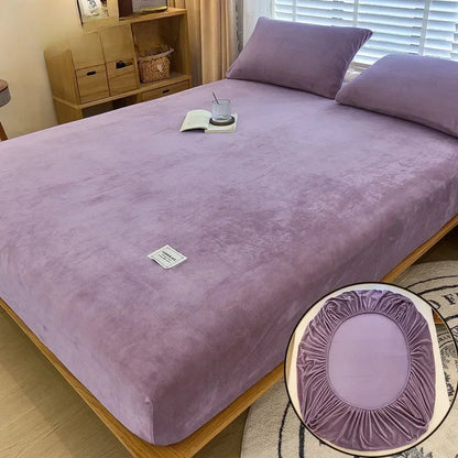Soft Warm Plush Fitted Sheet – Elastic Mattress Cover Fluffy Coral Fleece Bed Linen for Winter, Luxury Double Bed Bedding
