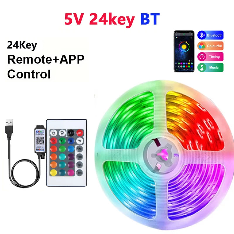 RGB LED Strip Light with USB & 24-Key Remote – Color Changing SMD Lights for Holiday Decoration