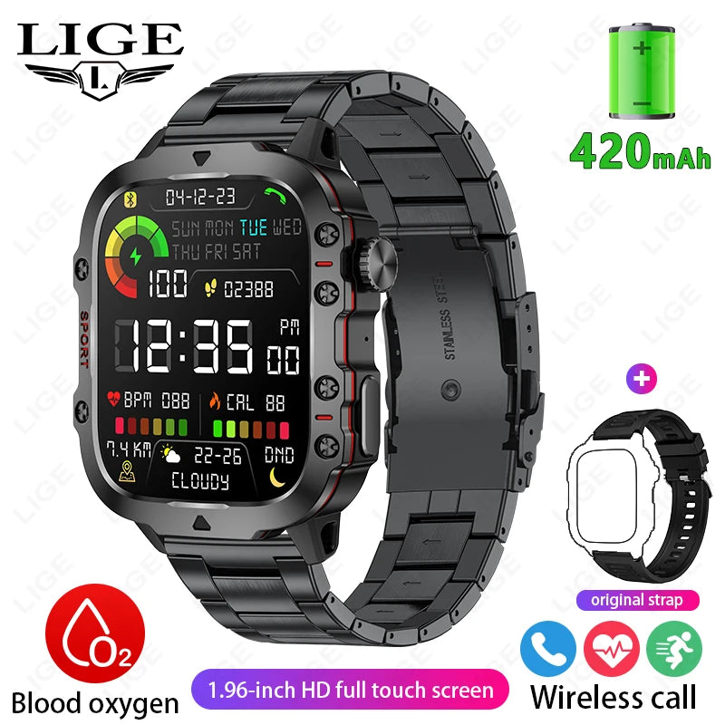 LIGE Outdoor Smart Watch Men – 2.01" Screen, Waterproof, Bluetooth Call & AI Voice for Android & iOS