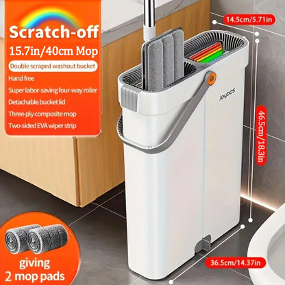 Spin Flat Mop With Bucket Set 40cm | Hands-Free Floor Cleaner with Automatic Water Separation & Microfiber Pads