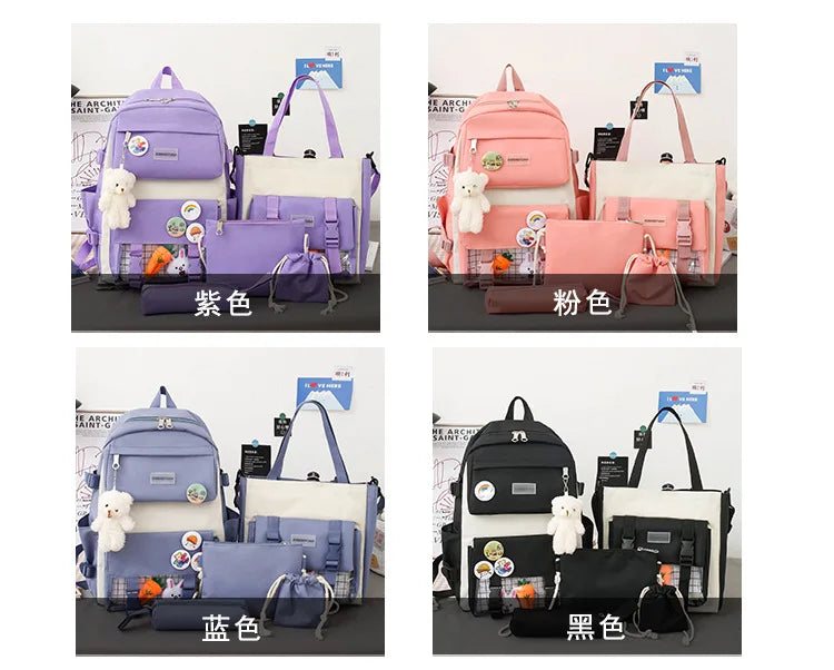 New Large-Capacity Student Backpack Set – 5-Piece Multi-Compartment School Bag for Primary, Junior & High School
