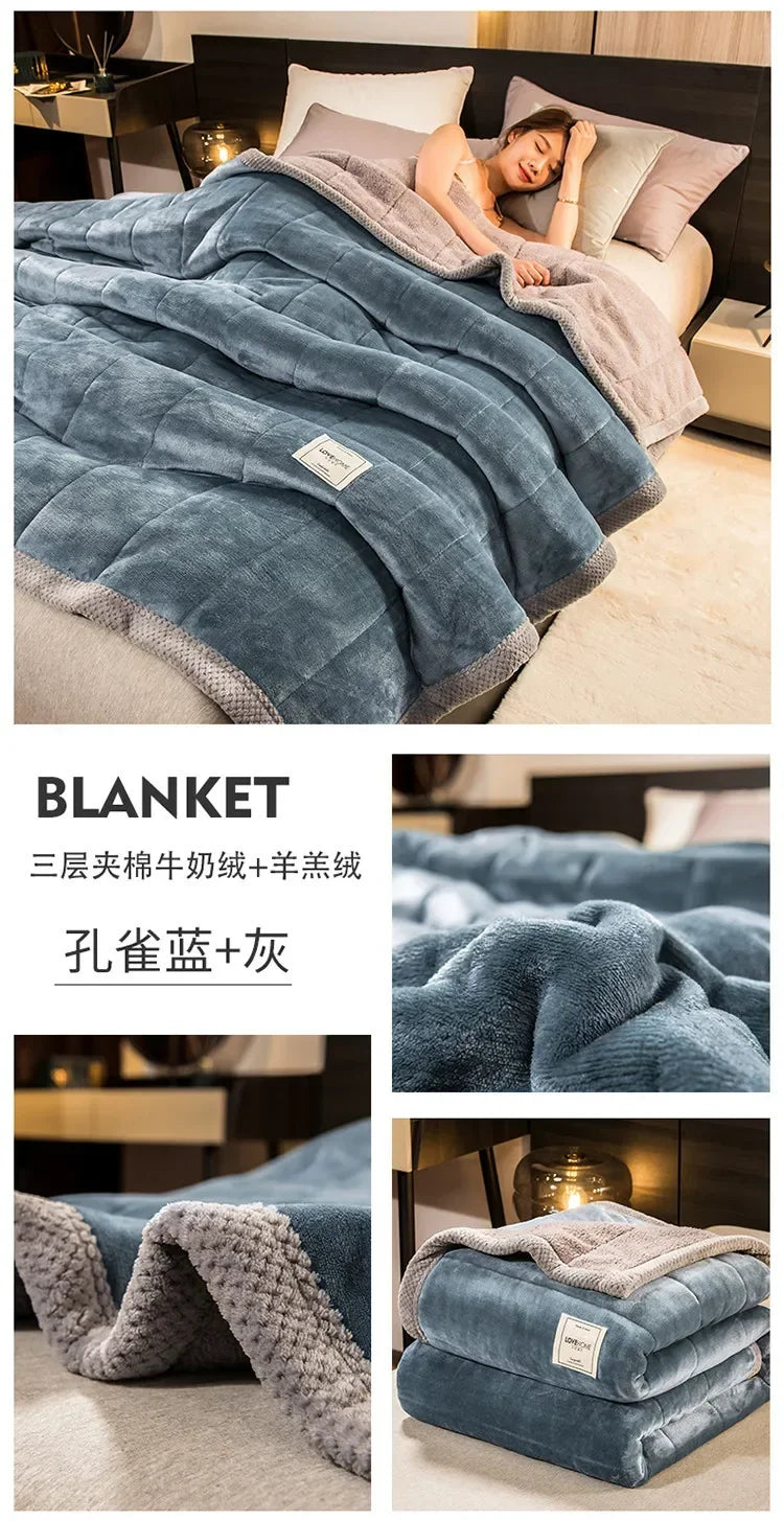 Winter Warm Blankets for Bed – 3 Layers Thick Flannel Quilt | Soft & Comfortable Bedding