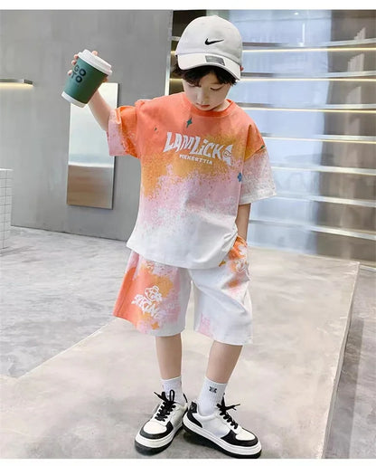 Boys Summer Casual Set – Gradient T-Shirt & Shorts 2Pcs Outfit for Teens & Kids