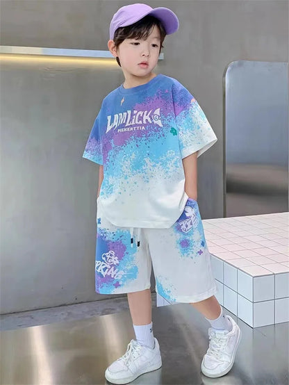 Boys Summer Casual Set – Gradient T-Shirt & Shorts 2Pcs Outfit for Teens & Kids