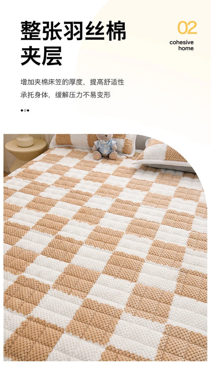 Winter Fleece Mattress Protective Cover | Thickened Milk Fleece Fitted Sheet | Padded Plaid 3-Piece Set