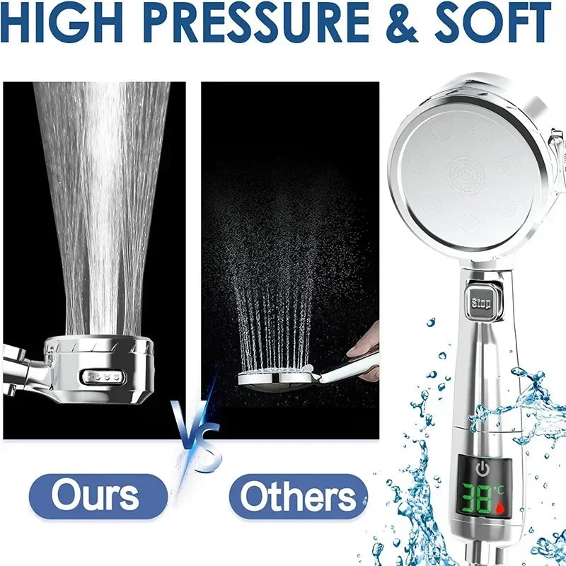 High Pressure Handheld LED Shower Head | Adjustable Water-Saving Showerhead with Digital Temperature Display & Pressurized Spray