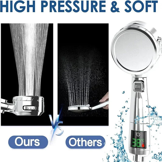 High Pressure Handheld LED Shower Head | Adjustable Water-Saving Showerhead with Digital Temperature Display & Pressurized Spray
