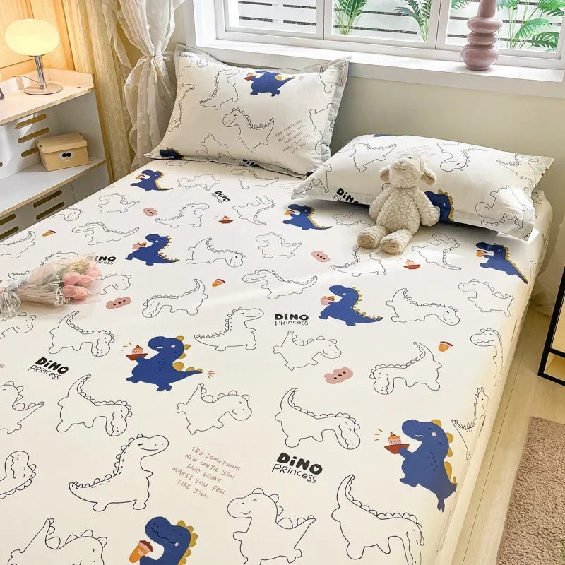 100% Cotton Bed Sheet | Cute Dinosaur Print | Elastic Fitted Mattress Cover | Kids Cartoon Bedding (No Pillowcase)