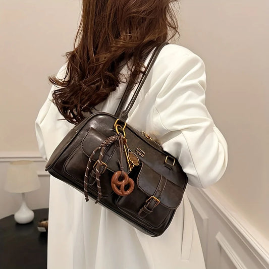 Women’s Retro Solid Color PU Leather Shoulder Bag – Large Capacity Multi-Pocket Handbag with Detachable Charm