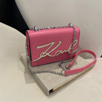 Fashionable Women’s Crossbody Bag – Solid Color Shoulder Bag with Metal Letter Logo & Chain-Link Strap