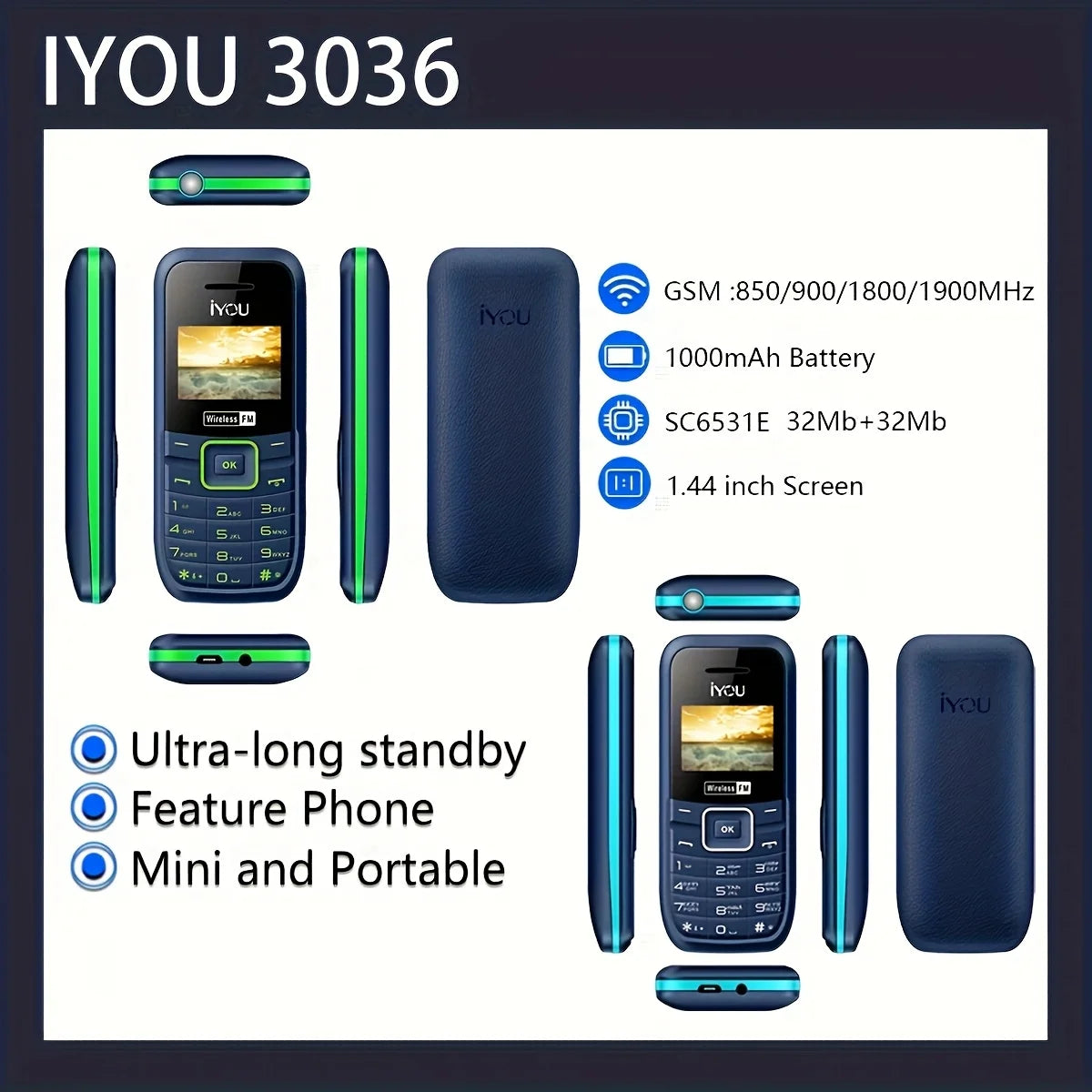 IYOU 3036 Dual SIM Mobile Phone – FM Radio, Flashlight, 1000mAh Long Standby Battery, Emergency Outdoor Cellphone
