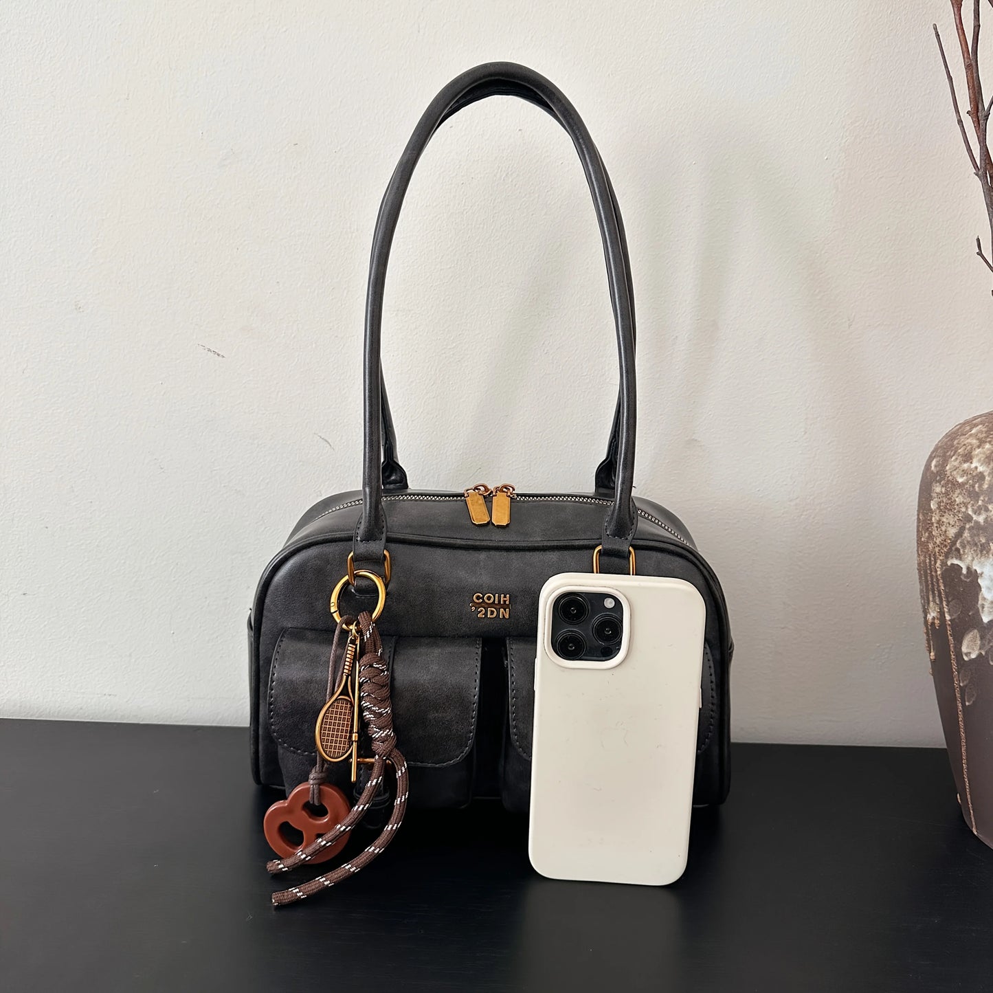 Women’s Retro Solid Color PU Leather Shoulder Bag – Large Capacity Multi-Pocket Handbag with Detachable Charm