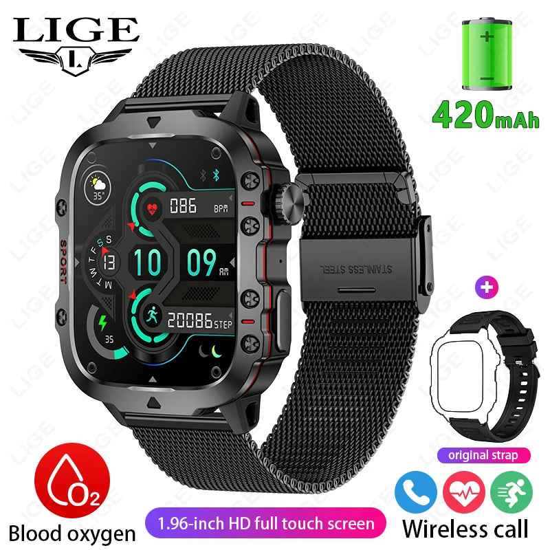 LIGE Outdoor Smart Watch Men – 2.01" Screen, Waterproof, Bluetooth Call & AI Voice for Android & iOS