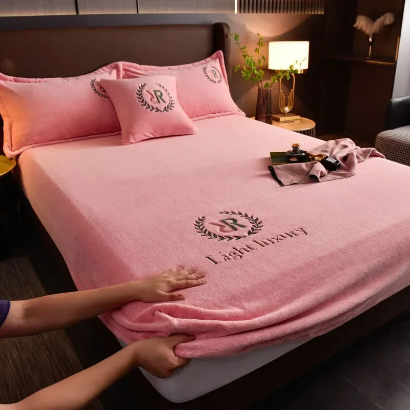 Winter Warm Solid Flannel Fitted Sheet | Elastic Band Mattress Protector | King Size 180x200cm | Milk Velvet Bed Sheet