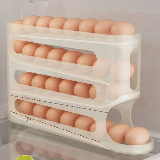 4 Layers Automatic Rolling Egg Holder – Fridge Egg Storage Box & Organizer