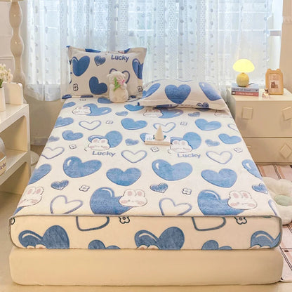 New Snowflake Velvet Fitted Sheet – Winter Warm Cartoon Print Bed Cover for Bedroom & Apartment