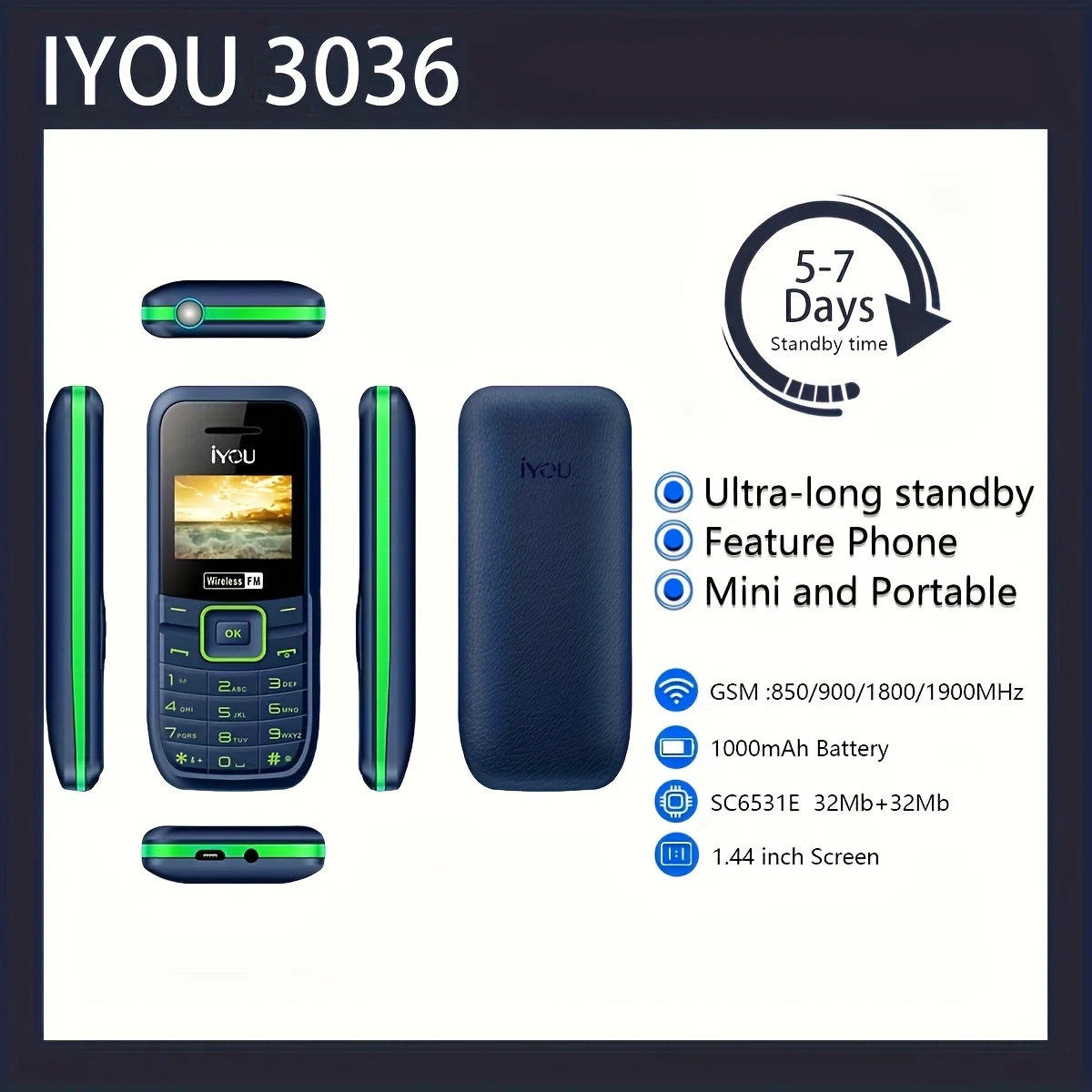 IYOU 3036 Dual SIM Mobile Phone – FM Radio, Flashlight, 1000mAh Long Standby Battery, Emergency Outdoor Cellphone