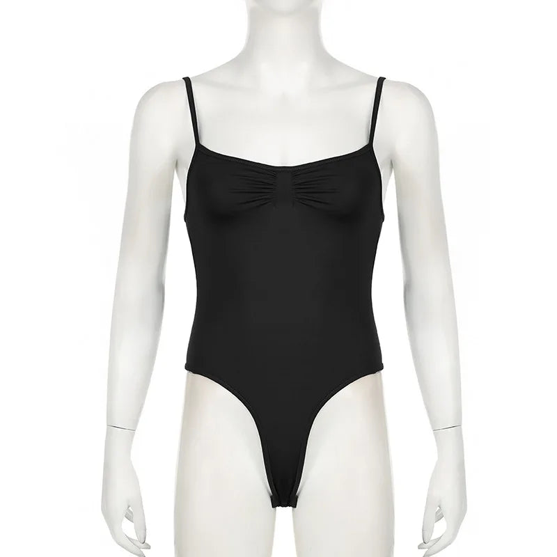 Sweetown Women’s Black Sleeveless Bodysuit – Spaghetti Strap Sexy Vacation Wear