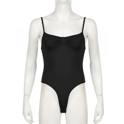 Sweetown Women’s Black Sleeveless Bodysuit – Spaghetti Strap Sexy Vacation Wear