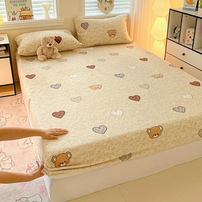Milk Velvet Cartoon Printed Fitted Sheet – Plush Warm Mattress Protective Cover for Winter, Skin-Friendly Bed Cover for Dorm & Home